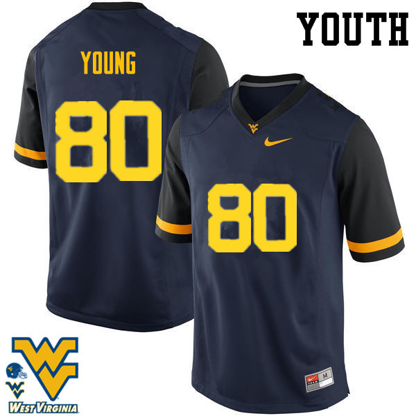Youth #80 Jonn Young West Virginia Mountaineers College Football Jerseys-Navy - Click Image to Close